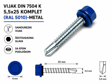 VIJAK DIN 7504 K 5,5x25 KOMPLET (RAL 5010)-METAL